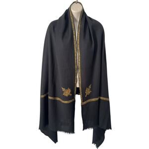 Pure New Wool Woolmark Bordered Sozni Hand Embroidered Black Wrap Shawl Centex
